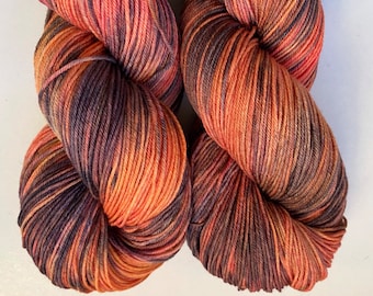 Hand Dyed Yarn 100g Superwash Merino Wool, Nylon sock weight "Bonfire" orange, brown, black