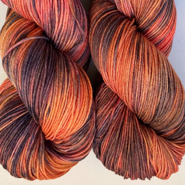 Hand Dyed Yarn 100g Superwash Merino Wool, Nylon sock weight "Bonfire" orange, brown, black