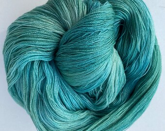 Cobweb Lace weight hand dyed Yarn 100g Superwash Merino Wool, Silk "Eucalyptus" green, blue, tonal