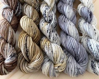 Speckled Owls mini set of 5 x 20g Hand Dyed Superwash Merino Wool/Nylon sock weight "Owls" brown, grey, black, cream