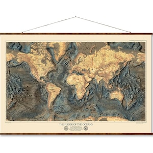 World Map Canvas Scroll: Ocean Floor & Land Relief Topography