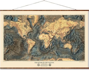 Mapa del mundo en lienzo enrollable: Topografía del relieve del fondo oceánico y terrestre
