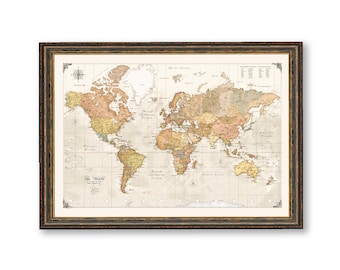 Large Vintage World Map Detailed Antique Poster Wall Retro
