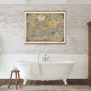 World Wonders A Pictorial Map on Canvas Ready to Hang Roll Down Canvas Decorative Antique Wall Decor Map Scroll 35x44 inches