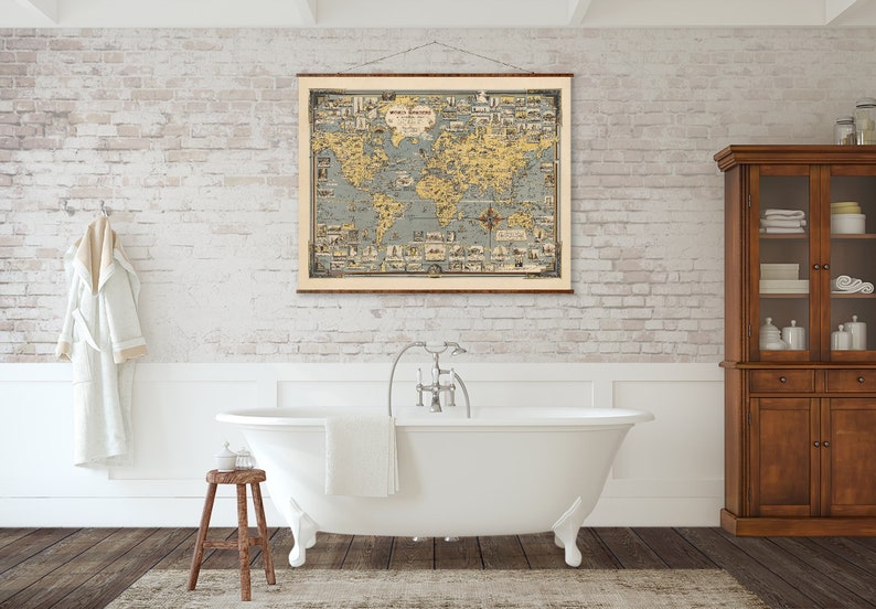 World Wonders A Pictorial Map on Canvas Ready to Hang Roll Down Canvas Decorative Antique Wall Decor Map Scroll 35x44 inches