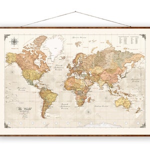 World Map Current Up to Date Roll Down Canvas Decorative Scroll Map of the World Vintage Colored Push Pin Bestseller