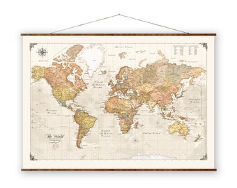 World Map Current Up to Date Roll Down Canvas Decorative Scroll Map of the World Vintage Colored Push Pin Bestseller