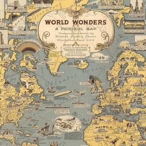 World Wonders A Pictorial Map on Canvas Ready to Hang Roll Down Canvas Decorative Antique Wall Decor Map Scroll image 5