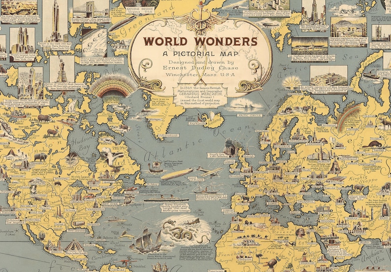World Wonders A Pictorial Map on Canvas Ready to Hang Roll Down Canvas Decorative Antique Wall Decor Map Scroll image 5