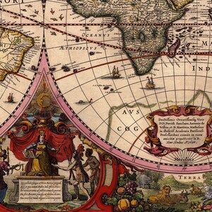 May include: A vintage world map with a pink and red border. The map is centered on the Atlantic Ocean and shows the continents of Africa, Europe, and Asia. The map is surrounded by a decorative border with a sun, a crown, and figures.