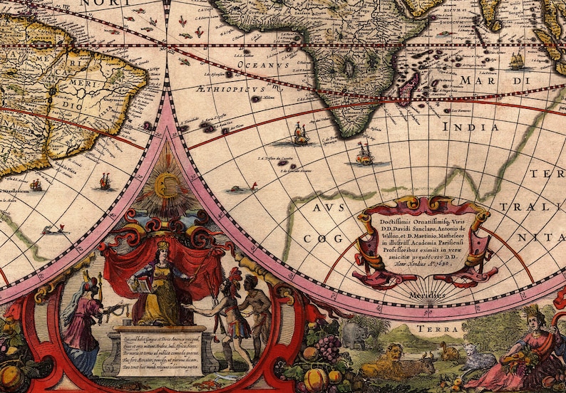 May include: A vintage world map with a pink and red border. The map is centered on the Atlantic Ocean and shows the continents of Africa, Europe, and Asia. The map is surrounded by a decorative border with a sun, a crown, and figures.