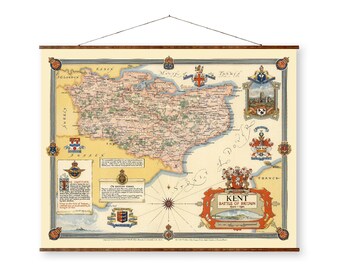 Mapa antiguo de Kent, Inglaterra, en pergamino, con diseño histórico de 1946