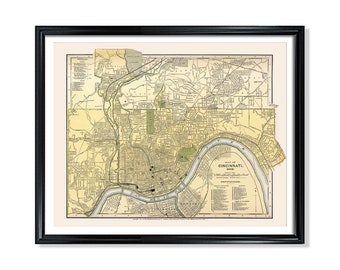 Cincinnati City Map Vintage Poster Print on Matte Paper Decorative Antique Wall City Map Decor of Ohio