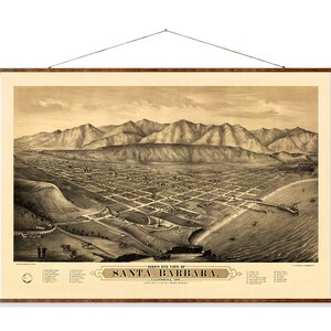 Plan de la ville de Santa Barbara, carte vintage de la ville sur toile prête à accrocher, décoration murale décorative, défilement de la Californie