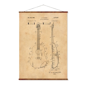 Accoustic Guitar Patent Vintage Illustrations Ready to Hang Roll Down Industrial Decorative Musical Instrument Canvas Scroll