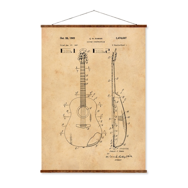 Accoustic Guitar Patent Vintage Illustrations Ready to Hang Roll Down Industrial Decorative Musical Instrument Canvas Scroll