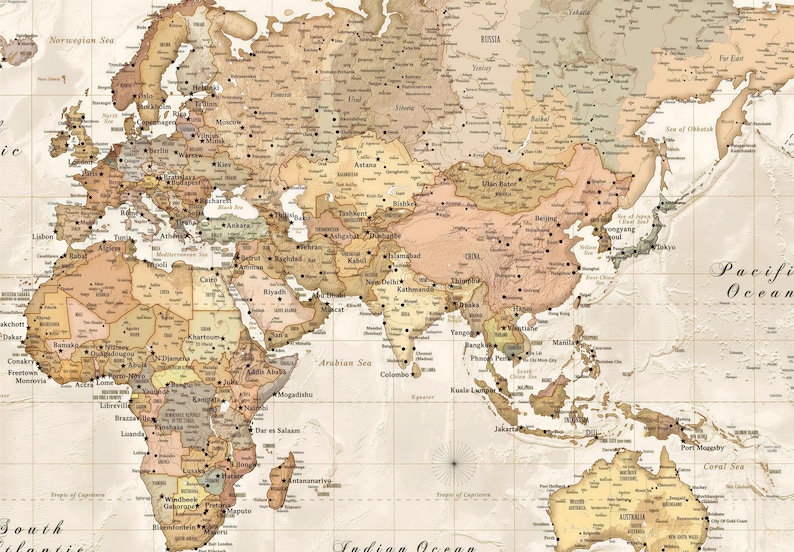 The image is a vintage-style world map with a sepia tone, depicting the continents and oceans in a detailed manner.