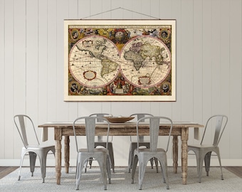 17th Century World Map Canvas Print: Vintage Antique Scroll
