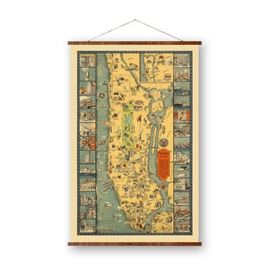 Mapa de Manhattan, la primera ciudad de América, en lienzo enrollable, listo para colgar, decoración de pared antigua decorativa, mapa de desplazamiento