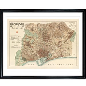 Barcelona Map 1890 Vintage City Poster Print on Matte Paper Decorative Antique Wall Decor Pictorial Map of Spain