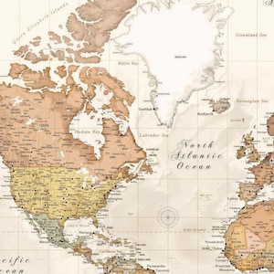 The image is a detailed world map that includes the Pacific Ocean, North Atlantic Ocean, and the Arctic Ocean. It is a vintage-style map with a sepia tone, giving it a nostalgic and historical appearance. The map is labeled with various geographical features and locations, such as the United States, Canada, Mexico, and the Caribbean. The map also includes a compass rose and a scale, providing navigational information for users.