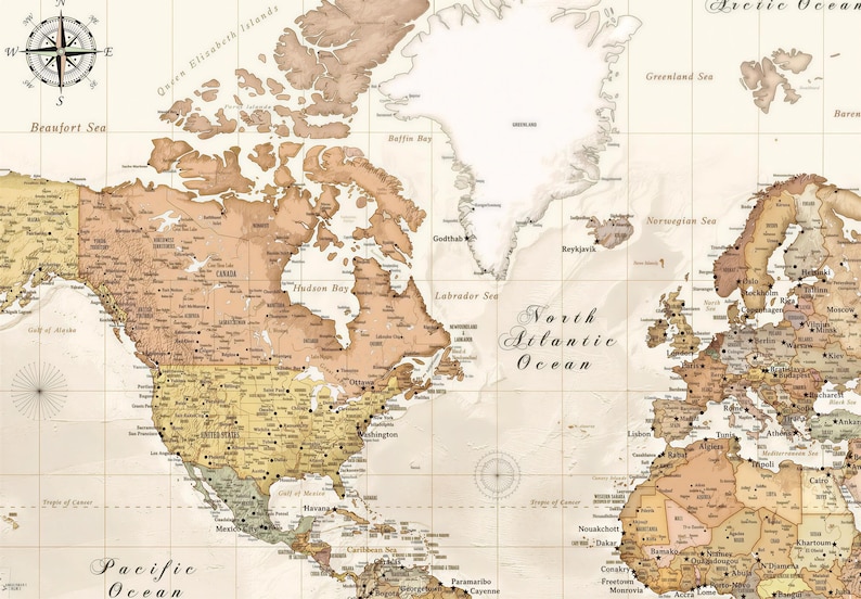 The image is a detailed world map that includes the Pacific Ocean, North Atlantic Ocean, and the Arctic Ocean. It is a vintage-style map with a sepia tone, giving it a nostalgic and historical appearance. The map is labeled with various geographical features and locations, such as the United States, Canada, Mexico, and the Caribbean. The map also includes a compass rose and a scale, providing navigational information for users.