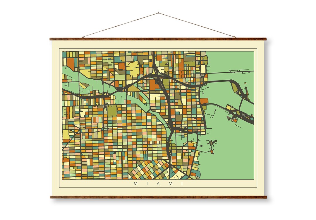 Miami Mosaic City Art Map Vintage Colored on Ready to Hang Roll Down 