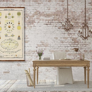 May include: A vintage style illustration of the sun and moon phases, printed on a canvas and mounted on a wooden frame. The illustration is hanging on a white brick wall in a home office setting.