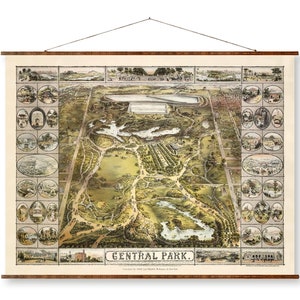 Mapa pictórico de Central Park de 1863, lienzo decorativo, mapa de pergamino, mapa pictórico vintage a color, decoración del hogar