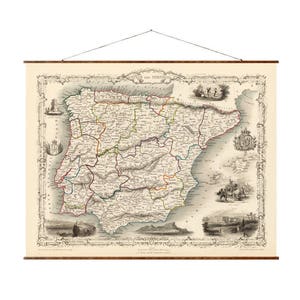 Mapa decorativo vintage enrollable de España y Portugal para países de Europa
