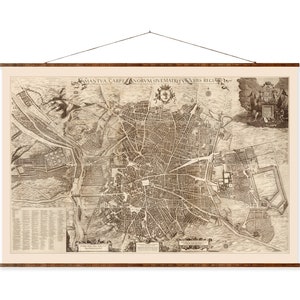 Madrid Karte 1656 Vintage Europäische Stadtkarte auf dekorativer antiker Wanddekor-Kartenrolle von Spanien, fertig zum Aufhängen