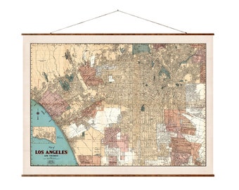 Map of Los Angeles Vintage City Map on Ready to Hang Roll Down Canvas Decorative Antique Wall Decor Map Scroll of California