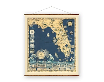 Könnte beinhalten: Eine Vintage-Karte von Florida mit blauem Hintergrund und einem beigefarbenen Umriss des Bundesstaates. Die Karte ist mit Illustrationen von Floridas Sehenswürdigkeiten, Städten und Attraktionen gefüllt. Der Text "A Map of Florida" ist in einem Banner am unteren Rand der Karte gedruckt.