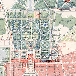 May include: A detailed map of the Palace of Versailles, showing the layout of the gardens and buildings. The map includes labels for various features, such as the Grand Canal, the Orangery, and the Trianon.