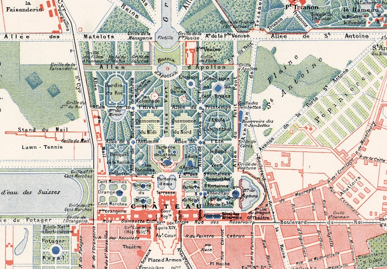 May include: A detailed map of the Palace of Versailles, showing the layout of the gardens and buildings. The map includes labels for various features, such as the Grand Canal, the Orangery, and the Trianon.
