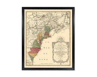 US Map with Thirteen Colonies 1776 Print Vintage Colored Map Country Home Wall Decor