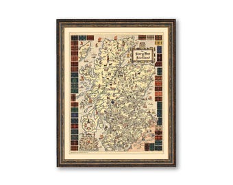 Scotland Wall Art Print: Vintage Map Featuring Kilt Patterns