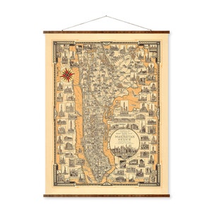 Manhattan City Scroll Canvas Art Deco Decorative New York Scroll Map Vintage Colored Map of New York