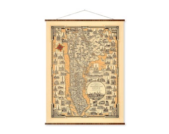 Manhattan Canvas Scroll Map, Vintage Orange Wall Art
