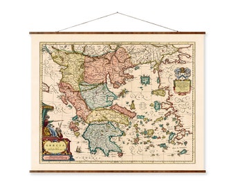 Greece Vintage Map Canvas Scroll, Ancient Islands Decorative Wall Art