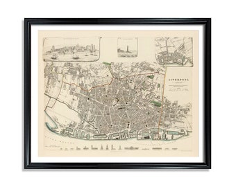 City of Liverpool Vintage European City Poster Print on Matte Paper Decorative Antique Wall Decor City Map of England