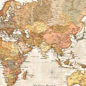 The image is a vintage-style world map with a sepia tone, showing the continents and major landmasses in a detailed manner.