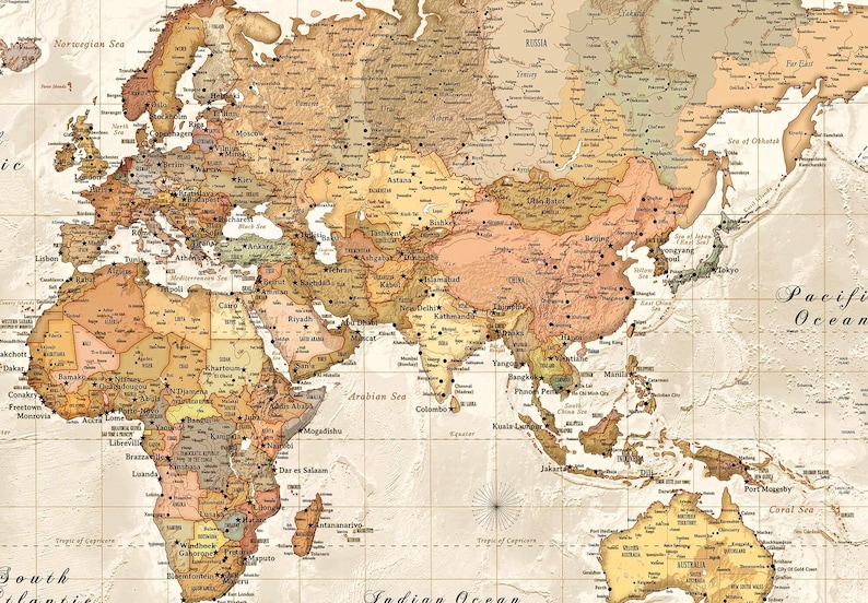The image is a vintage-style world map with a sepia tone, showing the continents and major landmasses in a detailed manner.