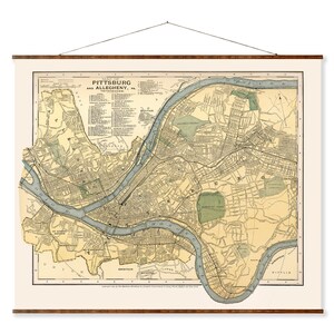 Pittsburgh City Map Vintage City Map on Ready to Hang Roll Down Canvas Decorative Wall Decor Map Scroll of Pennsylvania