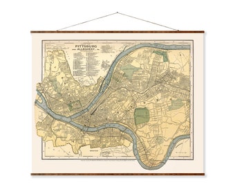 Pittsburgh City Map Vintage City Map on Ready to Hang Roll Down Canvas Decorative Wall Decor Map Scroll of Pennsylvania