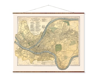Pittsburgh Vintage Map Canvas Scroll, 1891 City Wall Decor