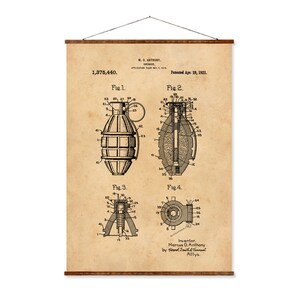 May include: A vintage patent drawing for a grenade design. The drawing shows a cutaway view of the grenade and its internal components. The patent number 1,375,440 is visible at the top of the drawing. The patent was filed on April 19, 1921.