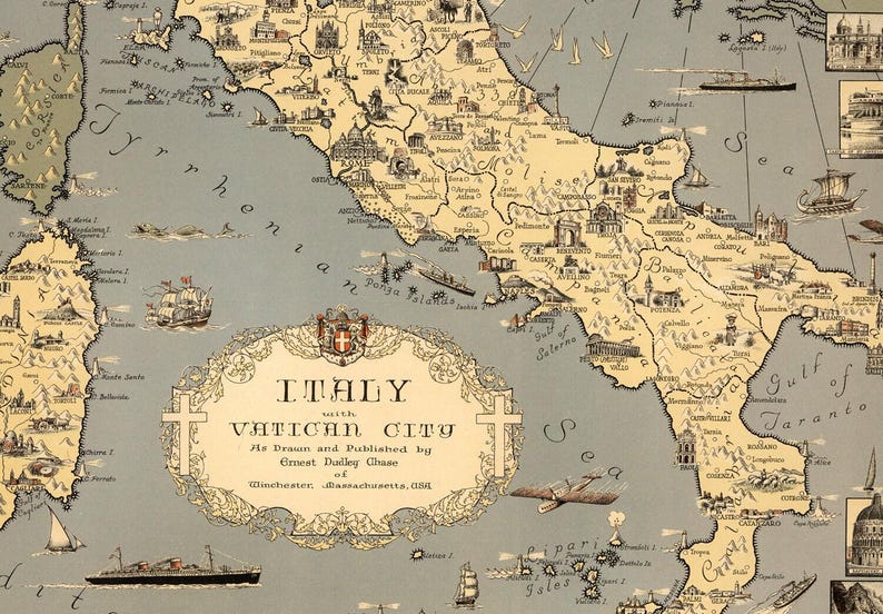 Póster ilustrado vintage del mapa de Italia y el Vaticano, impreso en papel mate. imagen 4