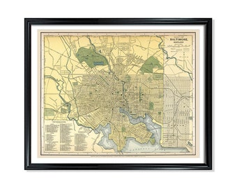 Baltimore City Map Vintage Poster Print on Matte Paper Decorative Antique Wall City Map of Maryland