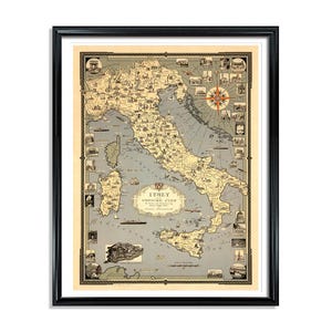 Póster ilustrado vintage del mapa de Italia y el Vaticano, impreso en papel mate. imagen 1